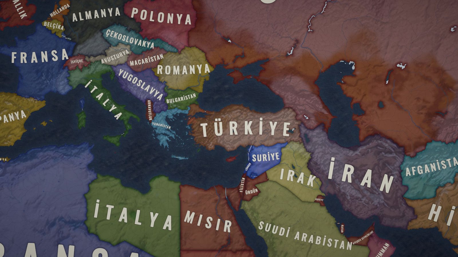 Oyunun siyasi haritası: Akdeniz, Balkanlar, Türkiye, İran ve Kuzey Afrika.
